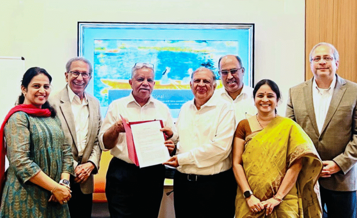Guru Ghosh (at right), vice president for outreach and international affairs, joined partners from Virginia Tech India and Mahindra University — (from left) Priya Goutham, Roop Mahajan, Yaj Medury, Myoor Padmanabhan, Arya Kumar Bhattacharya, and Visalakshi Talakokula — to inaugurate the new center with a signing ceremony. Photo courtesy of Priya Goutham.