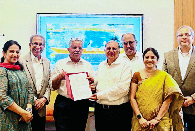 Guru Ghosh (at right), vice president for outreach and international affairs, joined partners from Virginia Tech India and Mahindra University — (from left) Priya Goutham, Roop Mahajan, Yaj Medury, Myoor Padmanabhan, Arya Kumar Bhattacharya, and Visalakshi Talakokula — to inaugurate the new center with a signing ceremony. Photo courtesy of Priya Goutham.